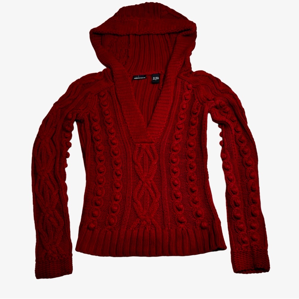 Moda International Red Cable Knit Hooded Sweater Small V Neck Pullover Vintage - Picture 3 of 8